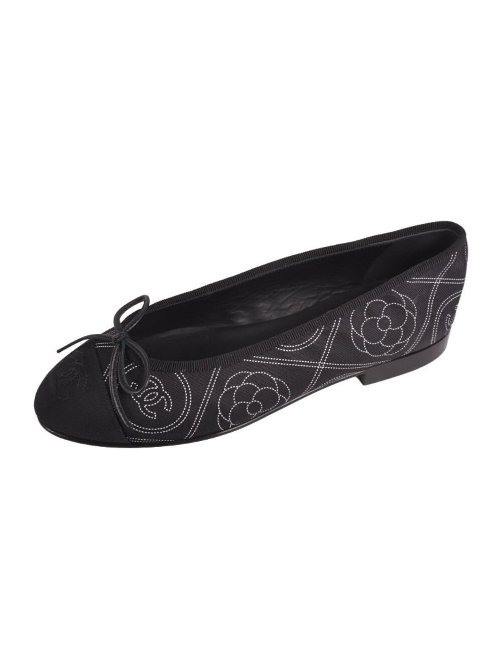 Chanel Pumps Ballerina Flat CC Logo Camellia Shoes 35C Canvas Black